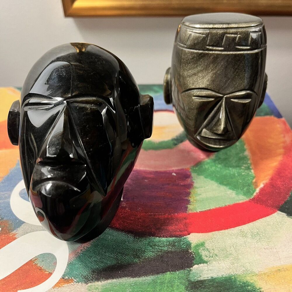 Obsidian Head Bust Aztec Mayan Mexican Tiki Figurine Onyx Gold Sheen Qty 2 MCM